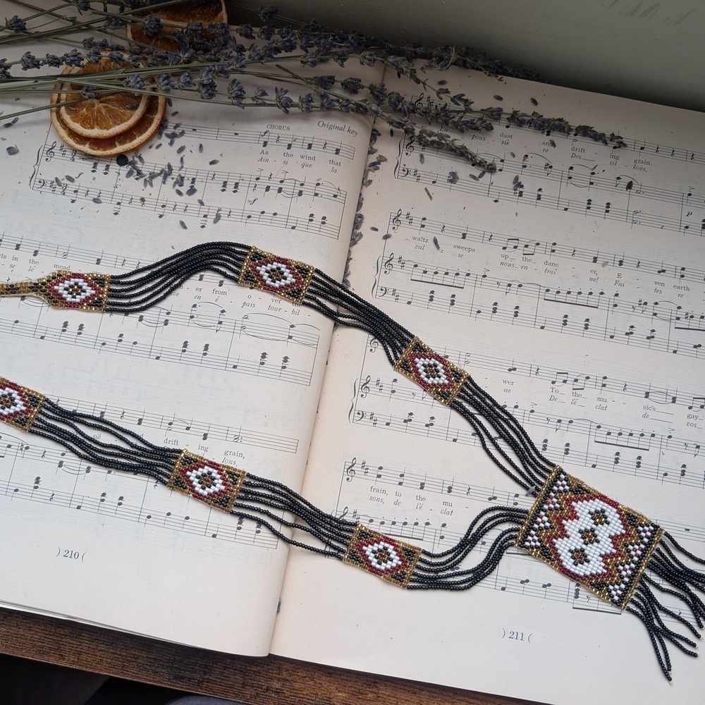 Art Deco 1920s Flapper Handcrafted Beaded Necklace with Black and Gold Accents